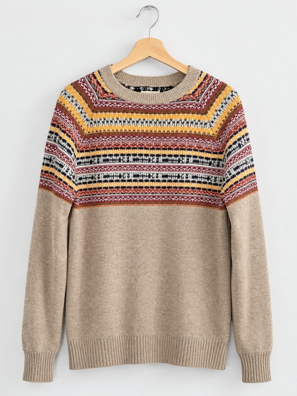 THIRD And Army Men's M Crewneck Wool Blend Sweater Beige Fair Isle Cabincore Ski